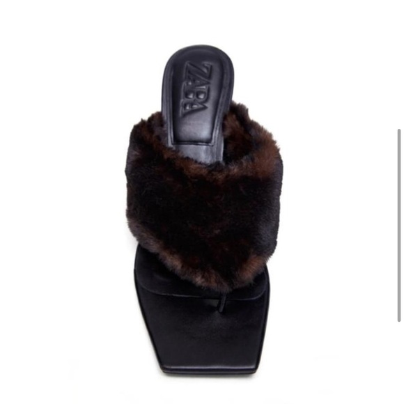 Zara Black Squared Toe Faux Fur Mules Heeled Thong Sandals Heels Sz 6.5 - Picture 4 of 14